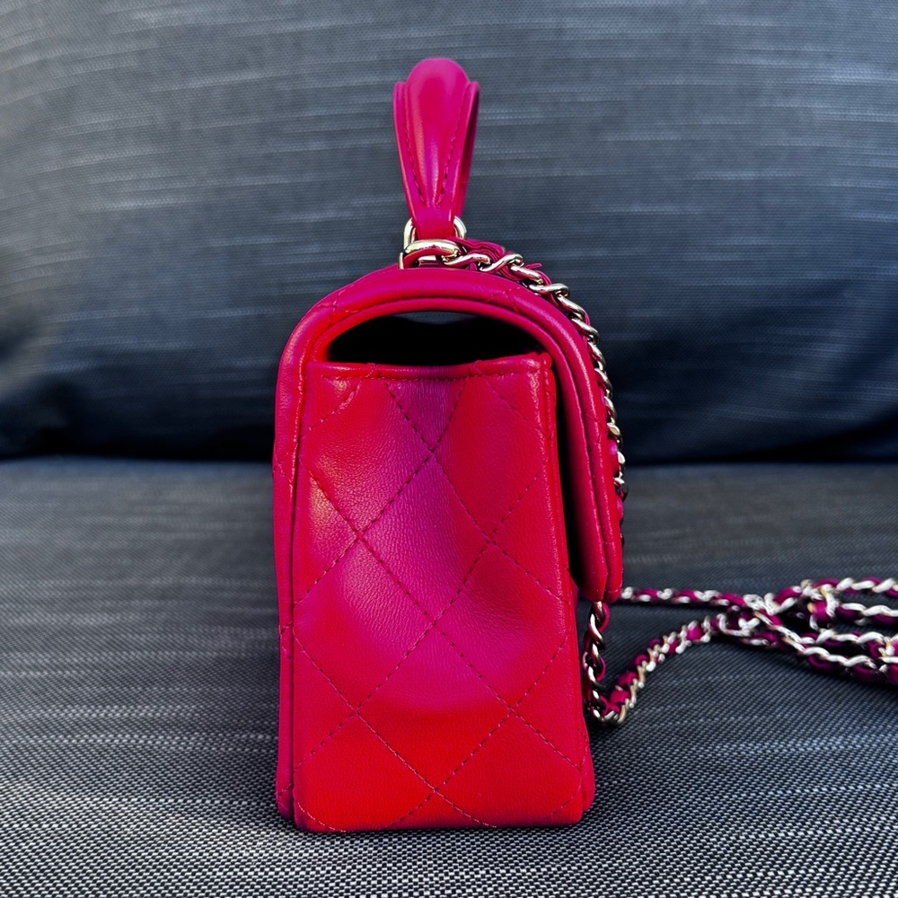 ❤️CHANEL❤️Mini Rectangular Top Handle Red Lambskin Flap Bag LGHW - Picture 5 of 14